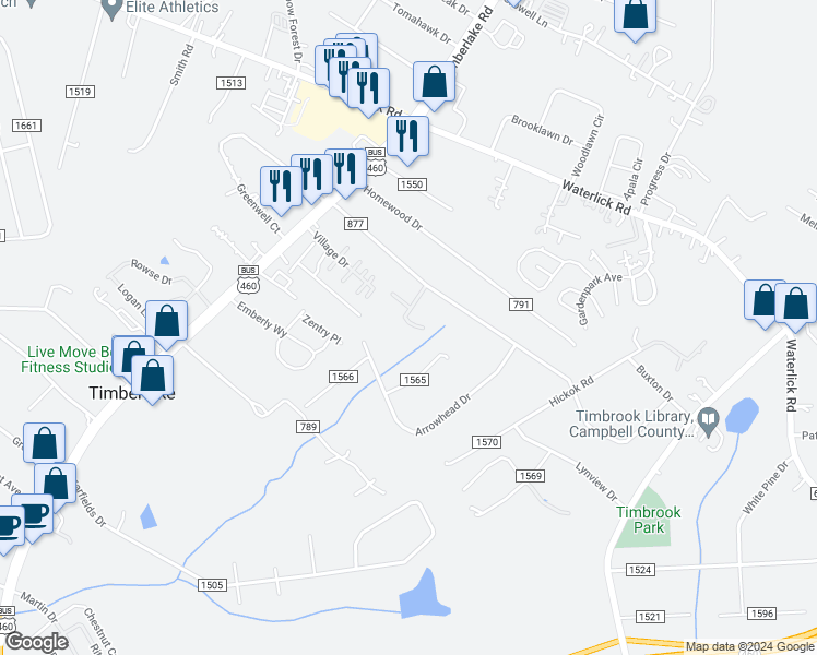 map of restaurants, bars, coffee shops, grocery stores, and more near 105 Brambleridge Court in Lynchburg