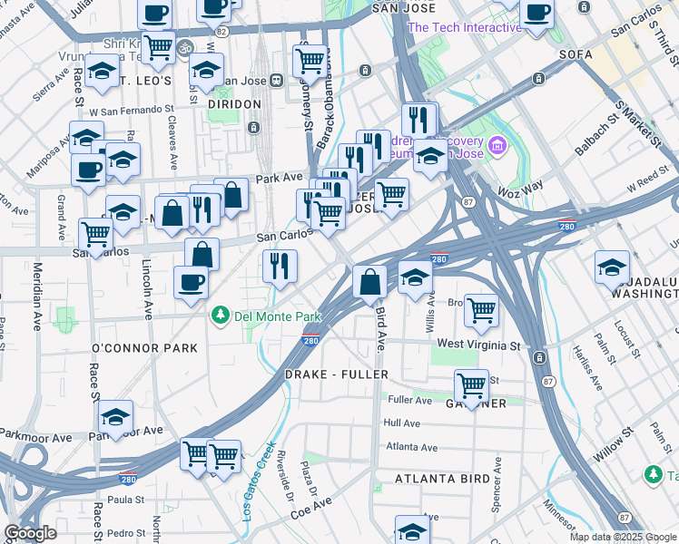 map of restaurants, bars, coffee shops, grocery stores, and more near 646 Auzerais Avenue in San Jose