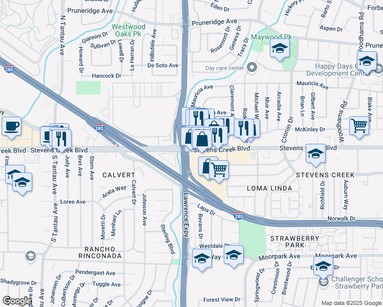 map of restaurants, bars, coffee shops, grocery stores, and more near 5194 Stevens Creek Boulevard in San Jose