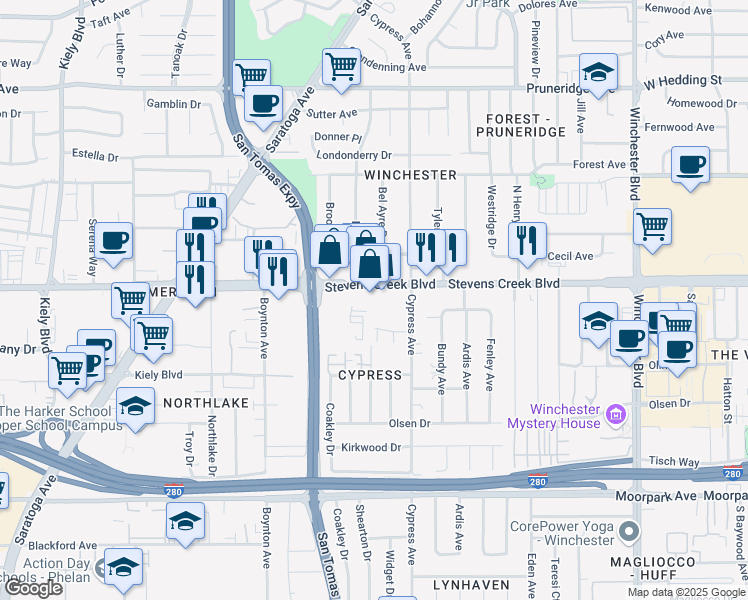 map of restaurants, bars, coffee shops, grocery stores, and more near 3566 Stevens Creek Boulevard in San Jose