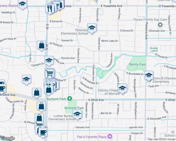 map of restaurants, bars, coffee shops, grocery stores, and more near 832 Amador Court in Merced