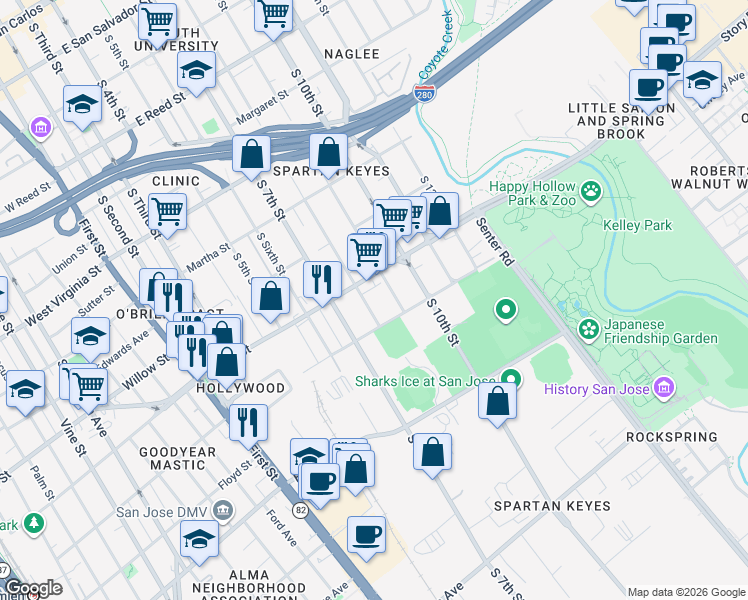 map of restaurants, bars, coffee shops, grocery stores, and more near 1154 South 8th Street in San Jose