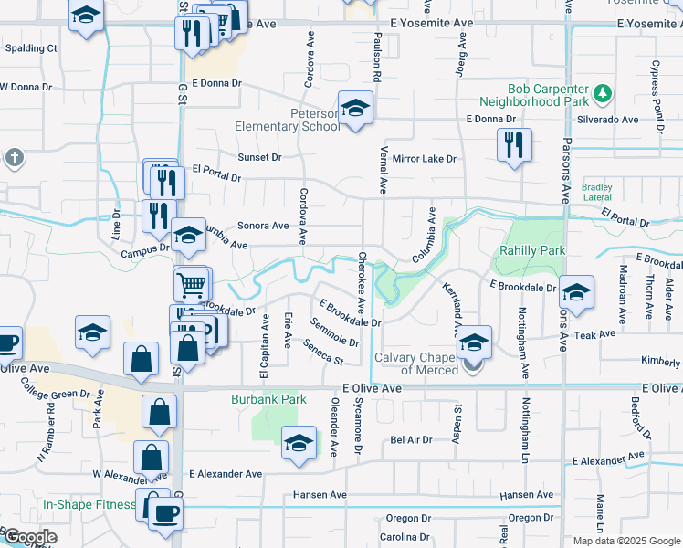 map of restaurants, bars, coffee shops, grocery stores, and more near 832 Amador Court in Merced