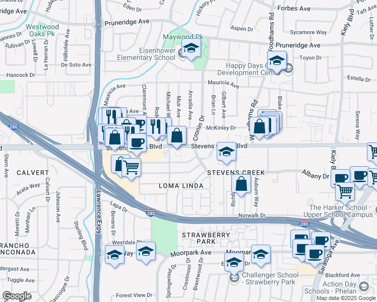 map of restaurants, bars, coffee shops, grocery stores, and more near 4880 Stevens Creek Boulevard in San Jose