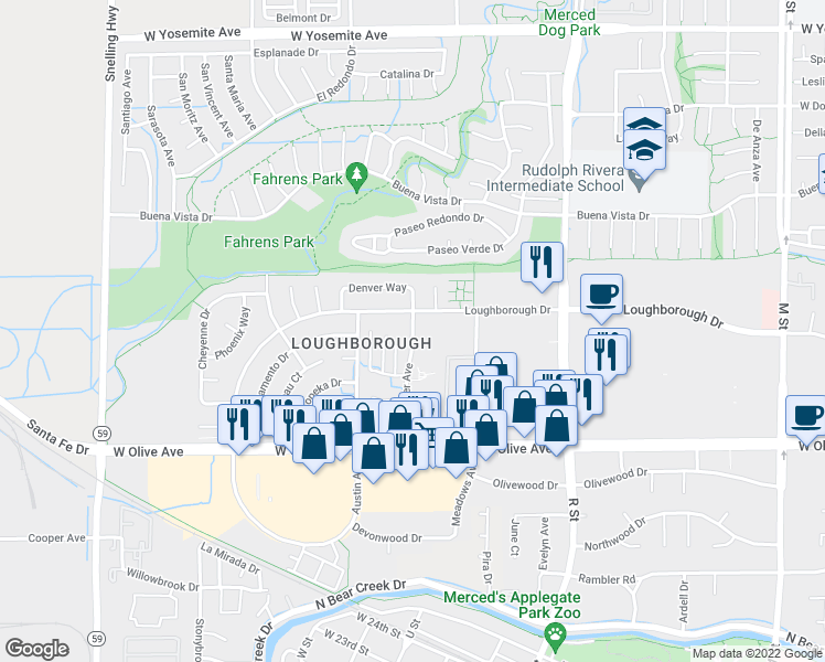map of restaurants, bars, coffee shops, grocery stores, and more near 3245 Denver Avenue in Merced