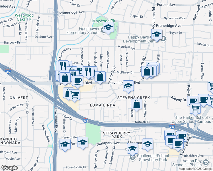 map of restaurants, bars, coffee shops, grocery stores, and more near 4880 Stevens Creek Blvd in San Jose