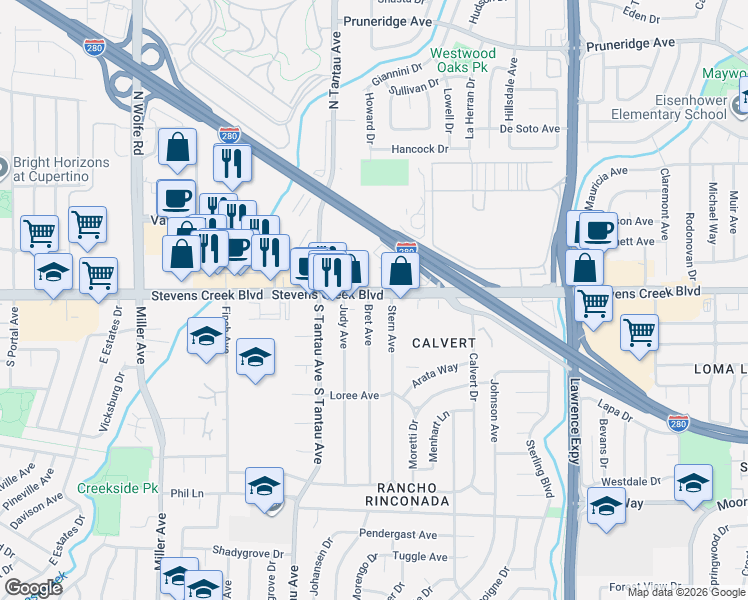 map of restaurants, bars, coffee shops, grocery stores, and more near 10010 Bret Avenue in Cupertino