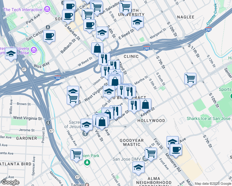 map of restaurants, bars, coffee shops, grocery stores, and more near 869 South 1st Street in San Jose