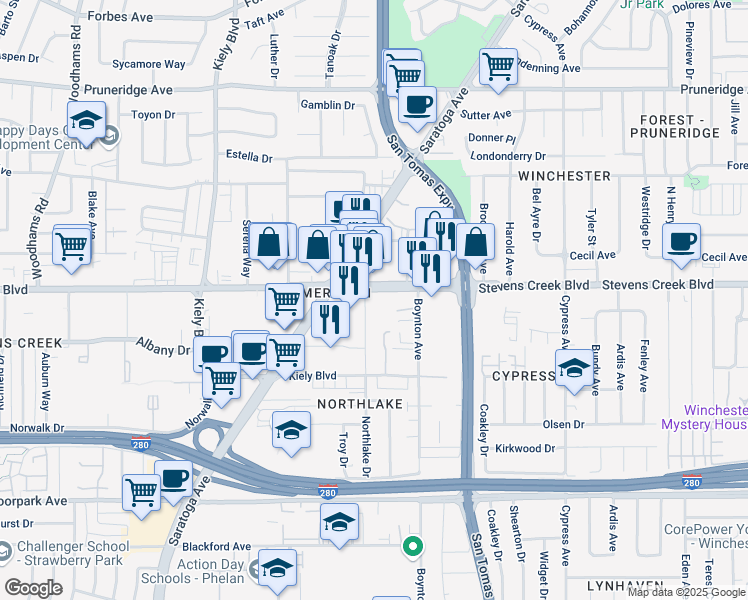 map of restaurants, bars, coffee shops, grocery stores, and more near 345 Northlake Drive in San Jose