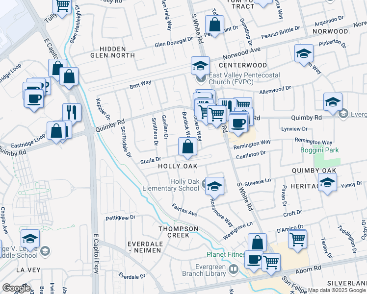 map of restaurants, bars, coffee shops, grocery stores, and more near 2870 Burdick Way in San Jose