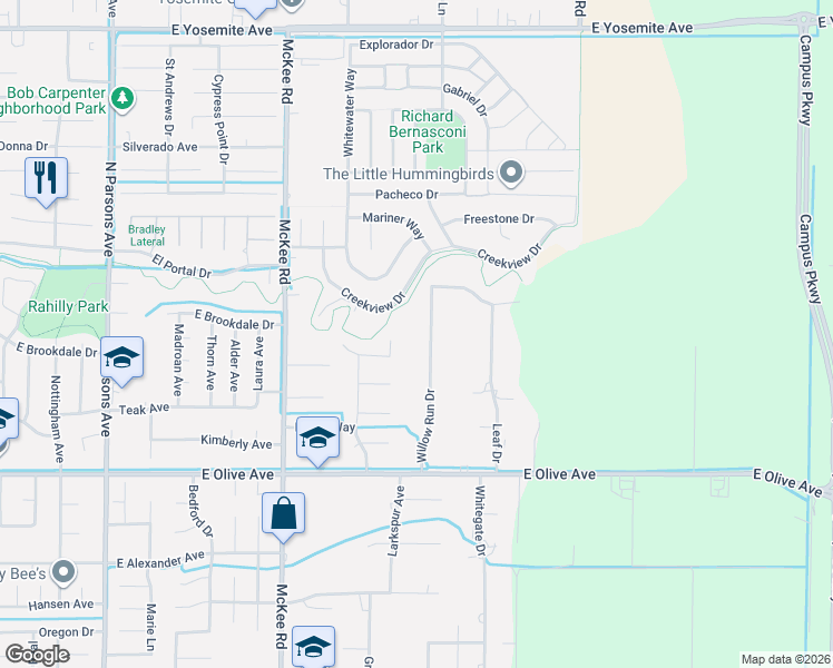 map of restaurants, bars, coffee shops, grocery stores, and more near 3283 Willow Run Drive in Merced