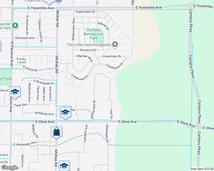 map of restaurants, bars, coffee shops, grocery stores, and more near 3291 Leaf Drive in Merced