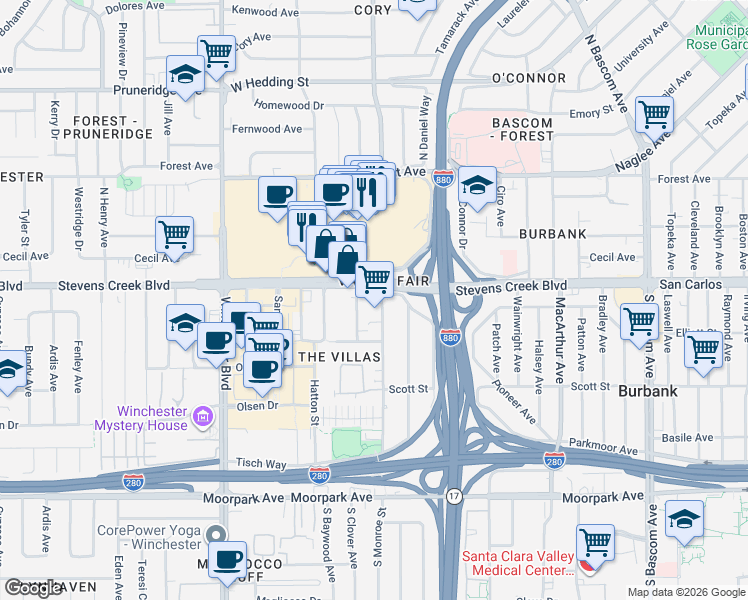 map of restaurants, bars, coffee shops, grocery stores, and more near 319 South Monroe Street in San Jose
