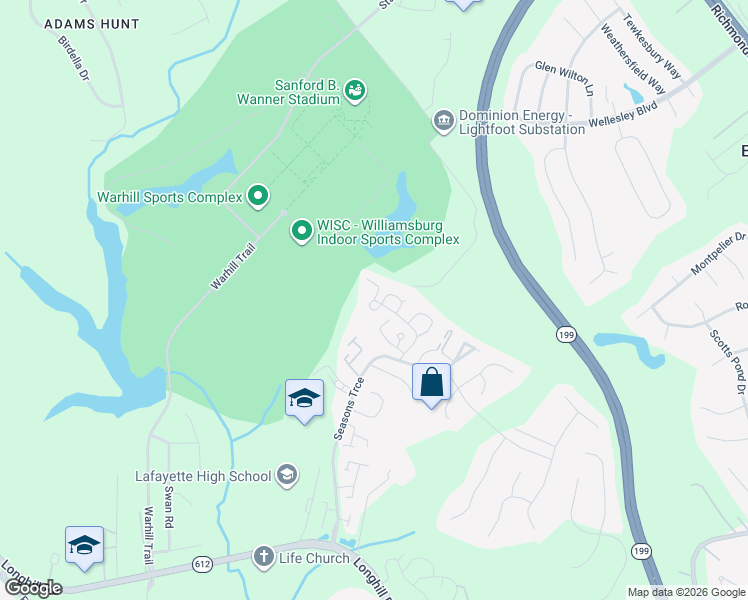 map of restaurants, bars, coffee shops, grocery stores, and more near Summer W & Sugarloaf Run in Williamsburg