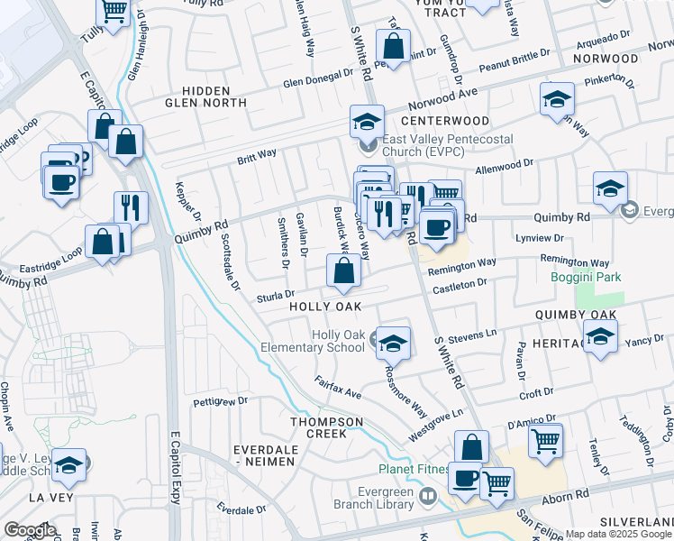 map of restaurants, bars, coffee shops, grocery stores, and more near 2870 Burdick Way in San Jose