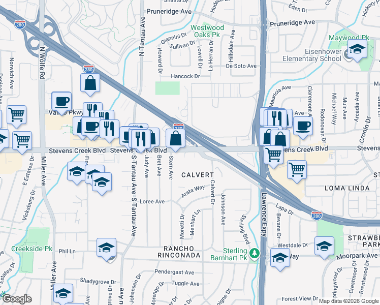 map of restaurants, bars, coffee shops, grocery stores, and more near in Santa Clara