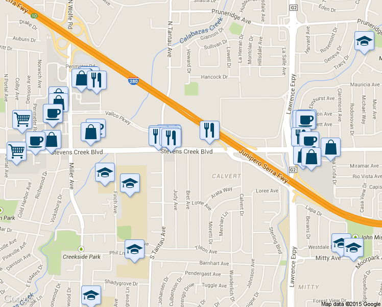 map of restaurants, bars, coffee shops, grocery stores, and more near 10010 Bret Avenue in Cupertino