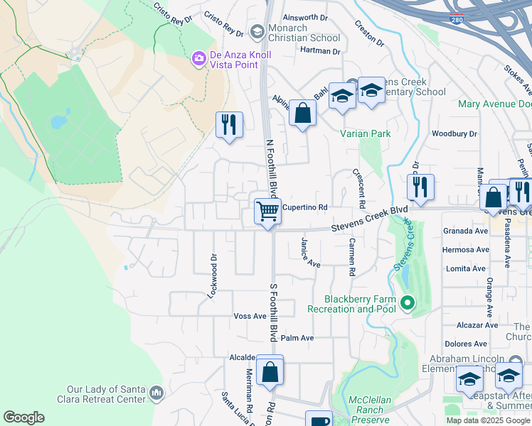 map of restaurants, bars, coffee shops, grocery stores, and more near 10050 North Foothill Boulevard in Cupertino