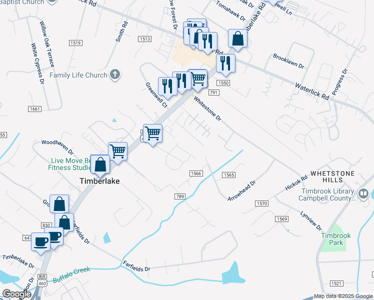 map of restaurants, bars, coffee shops, grocery stores, and more near 21934 Timberlake Road in Lynchburg