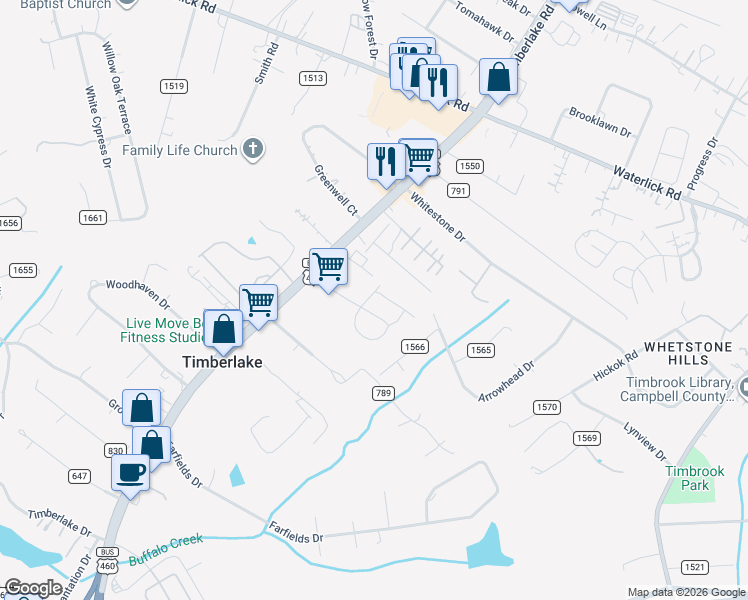 map of restaurants, bars, coffee shops, grocery stores, and more near 21934 Timberlake Road in Lynchburg