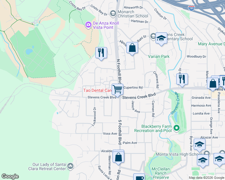 map of restaurants, bars, coffee shops, grocery stores, and more near 22652 Silver Oak Lane in Cupertino