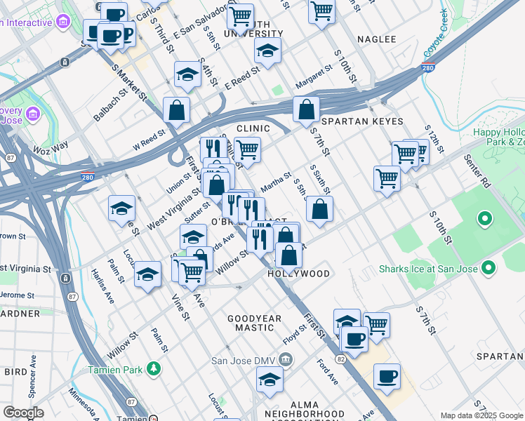 map of restaurants, bars, coffee shops, grocery stores, and more near 941 South 3rd Street in San Jose