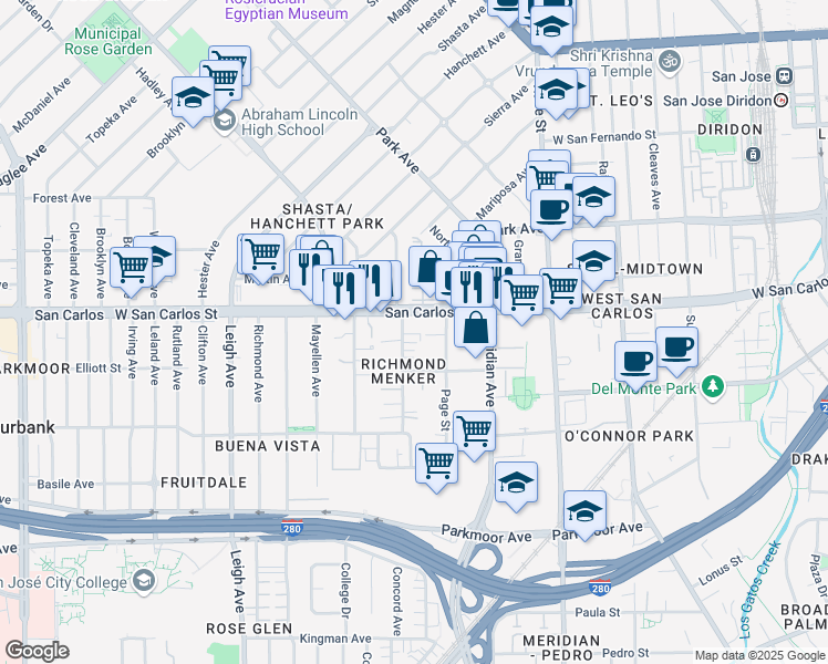 map of restaurants, bars, coffee shops, grocery stores, and more near 330 South Willard Avenue in San Jose