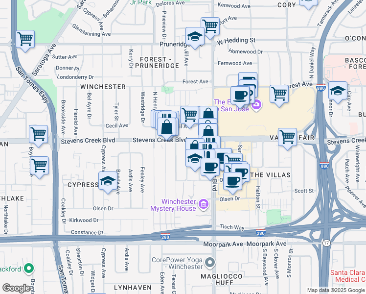 map of restaurants, bars, coffee shops, grocery stores, and more near 3190 Stevens Creek Boulevard in San Jose