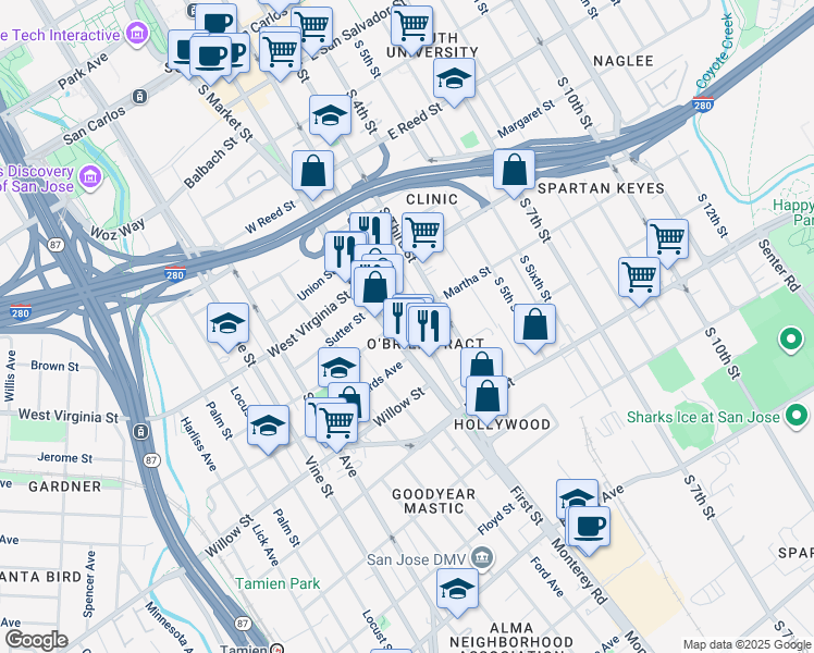map of restaurants, bars, coffee shops, grocery stores, and more near 901 South 2nd Street in San Jose