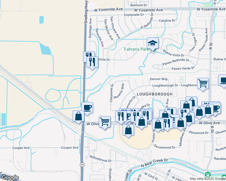 map of restaurants, bars, coffee shops, grocery stores, and more near 3286 Cheyenne Drive in Merced