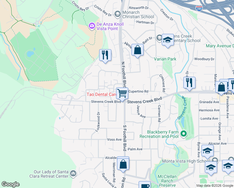 map of restaurants, bars, coffee shops, grocery stores, and more near 22652 Silver Oak Lane in Cupertino