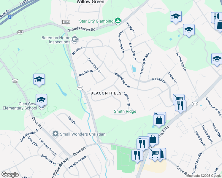 map of restaurants, bars, coffee shops, grocery stores, and more near 5416 Twilight Road in Roanoke