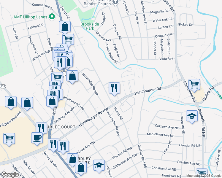 map of restaurants, bars, coffee shops, grocery stores, and more near 420 Bluebell Lane in Roanoke