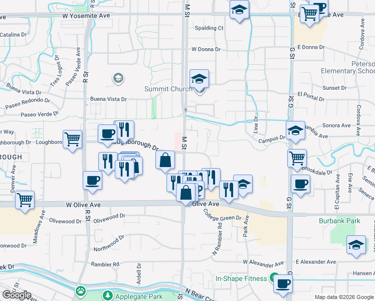 map of restaurants, bars, coffee shops, grocery stores, and more near 3303 M Street in Merced