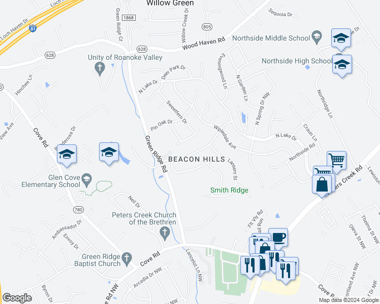 map of restaurants, bars, coffee shops, grocery stores, and more near 5505 Twilight Road in Roanoke