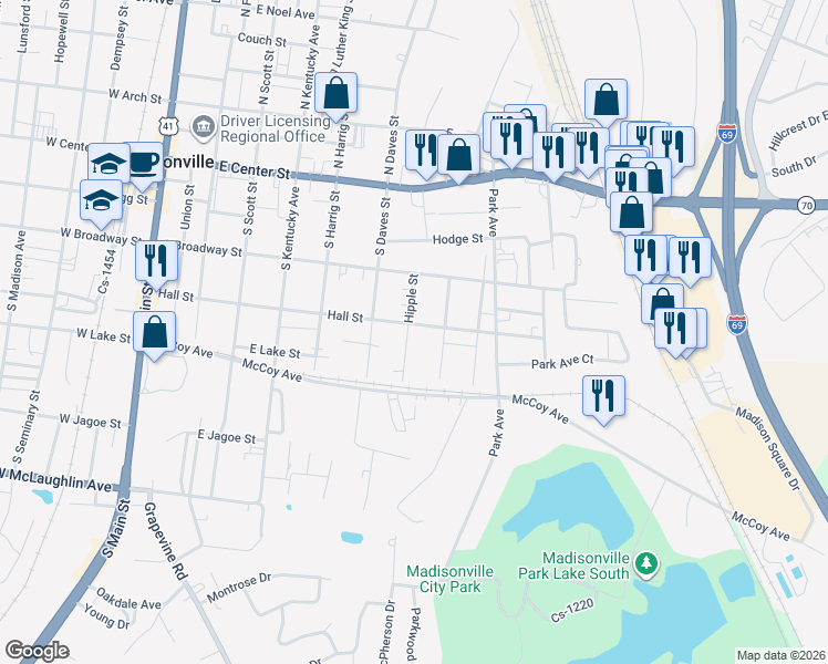 map of restaurants, bars, coffee shops, grocery stores, and more near 546-598 Hall St in Madisonville