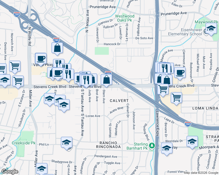 map of restaurants, bars, coffee shops, grocery stores, and more near 10952 Stevens Creek Boulevard in Cupertino