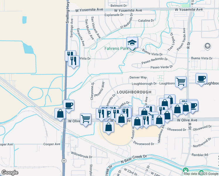 map of restaurants, bars, coffee shops, grocery stores, and more near 3293 Loughborough Drive in Merced
