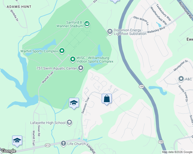 map of restaurants, bars, coffee shops, grocery stores, and more near 837 Vail Ridge in Williamsburg