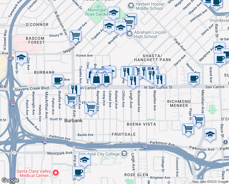 map of restaurants, bars, coffee shops, grocery stores, and more near 323 Rutland Avenue in San Jose