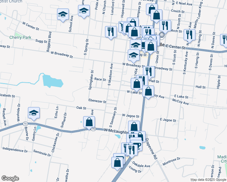 map of restaurants, bars, coffee shops, grocery stores, and more near 246 West Lake Street in Madisonville