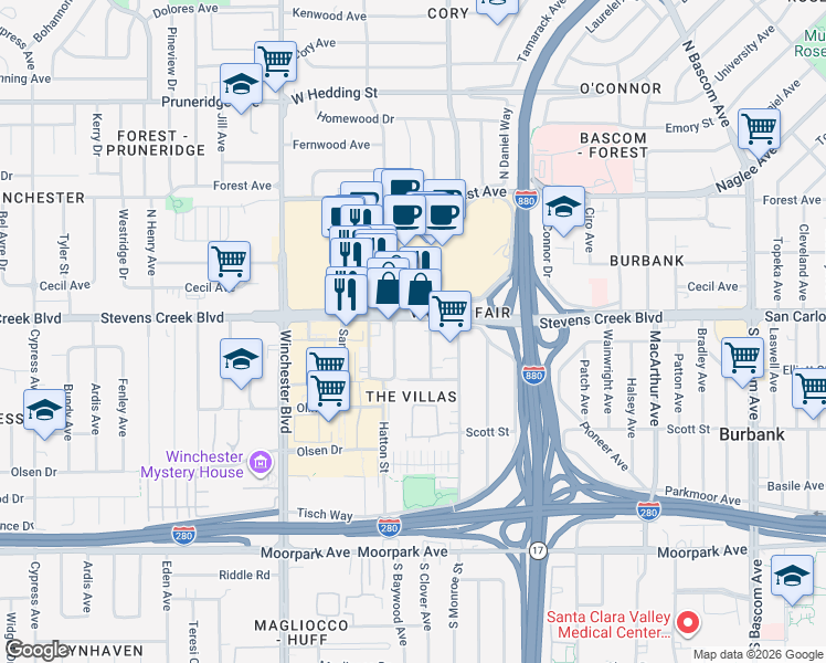 map of restaurants, bars, coffee shops, grocery stores, and more near 2880 Stevens Creek Boulevard in San Jose