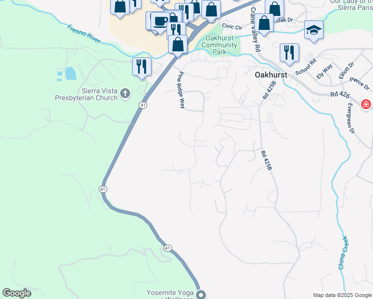 map of restaurants, bars, coffee shops, grocery stores, and more near 48894 Rock Point Road in Oakhurst