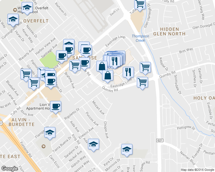 map of restaurants, bars, coffee shops, grocery stores, and more near 359 Eastridge Mall in San Jose