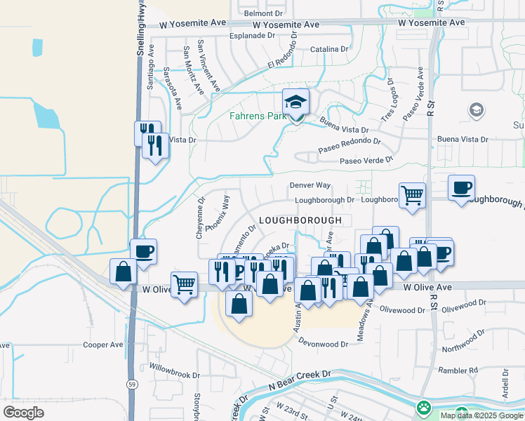 map of restaurants, bars, coffee shops, grocery stores, and more near 1674 Loughborough Drive in Merced