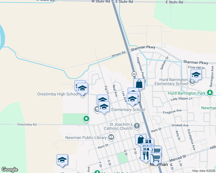 map of restaurants, bars, coffee shops, grocery stores, and more near 667 Real Avenue in Newman