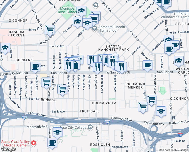 map of restaurants, bars, coffee shops, grocery stores, and more near 1798 West San Carlos Street in San Jose