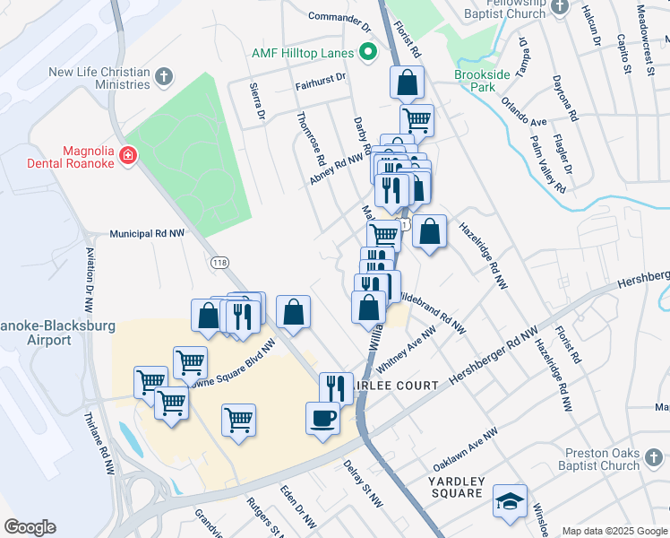 map of restaurants, bars, coffee shops, grocery stores, and more near 5316 Nelms Lane Northwest in Roanoke