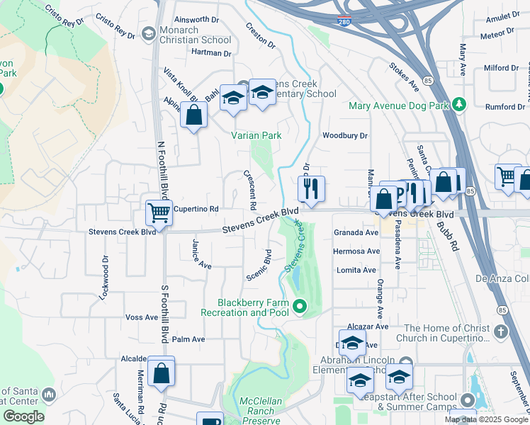 map of restaurants, bars, coffee shops, grocery stores, and more near 22225 Cupertino Road in Cupertino