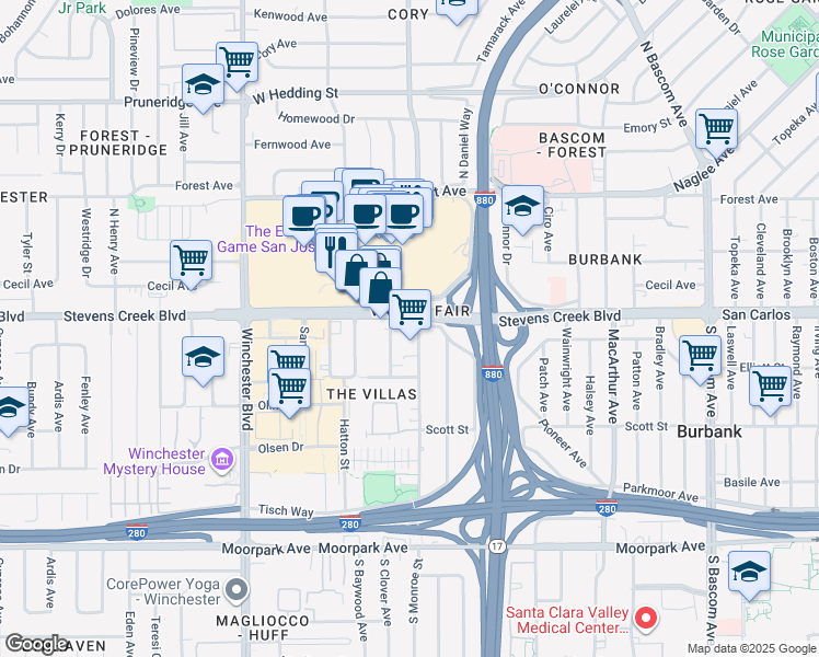 map of restaurants, bars, coffee shops, grocery stores, and more near 2850 Stevens Creek Boulevard in San Jose